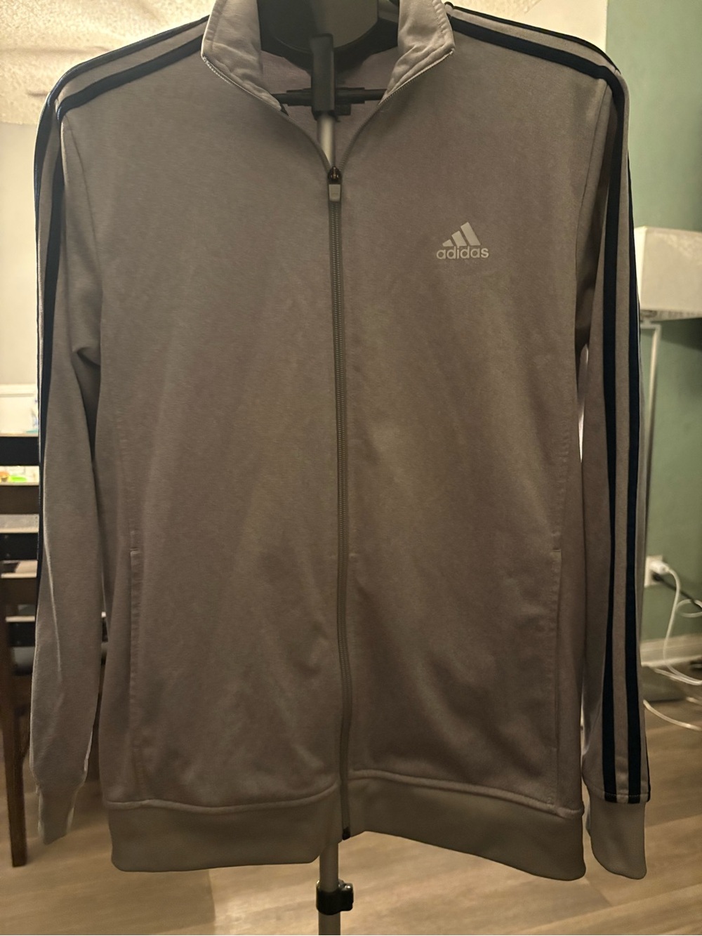 adidas Men’s Grey Zip-Up Track Jacket with Black Stripe Detail